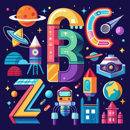 Futuristic Alphabet Set with Neon Glowing Effects and Abstract Illustrationsのイラスト素材