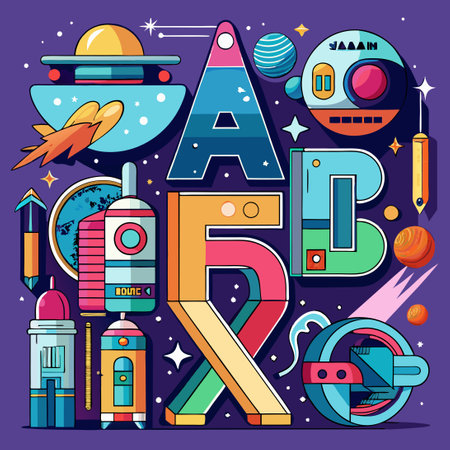 Futuristic Alphabet Set with Intricate Illustration Elementsのイラスト素材