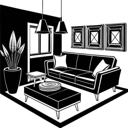 Modern and Cozy Contemporary Living Room Interior with Stylish Furniture and Decorのイラスト素材