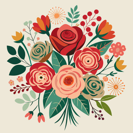 Elegant Bouquet Set Featuring Red and Pink Roses Amidst Verdant Leavesのイラスト素材