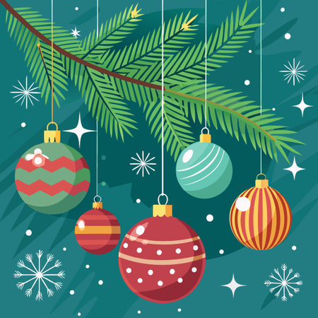 Festive Winter Background with Snowy Pine Tree Branches and Golden Huesのイラスト素材