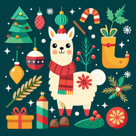 Festive Christmas Card Featuring an Adorable Llama Amidst Seasonal Cheerのイラスト素材