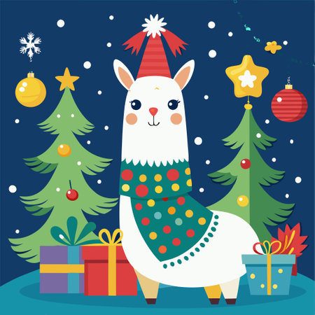 Festive Llama Greeting Card for Christmas with Wintery Greetingsのイラスト素材