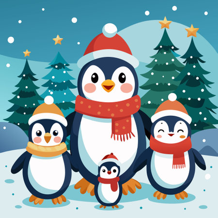 Festive Christmas Card with Adorable Penguins on Isolated Winter Backgroundのイラスト素材