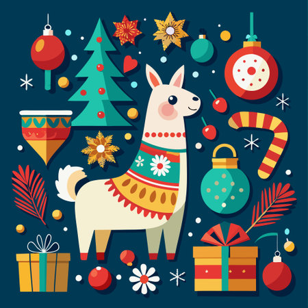 Festive Llama Christmas Greeting with Ornaments and Winter Foliageのイラスト素材