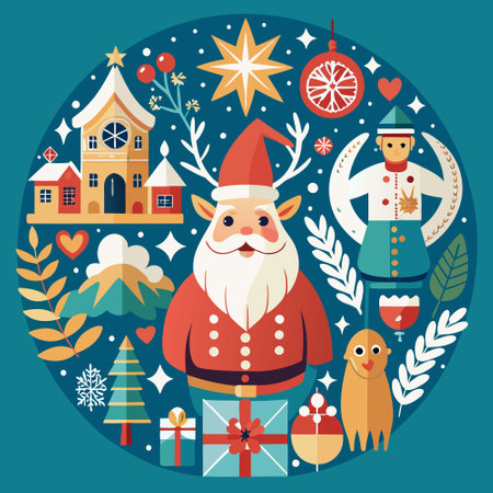 Scandinavian Christmas Tradition Greeting Card with Gnomes and Fir Treesのイラスト素材