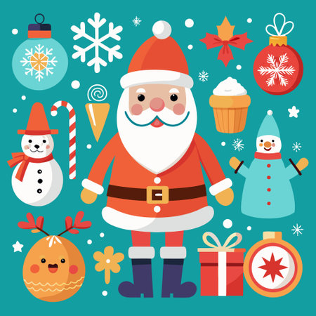 Festive Christmas Scene with Santa Claus, Snowmen, and Festive Elementsのイラスト素材