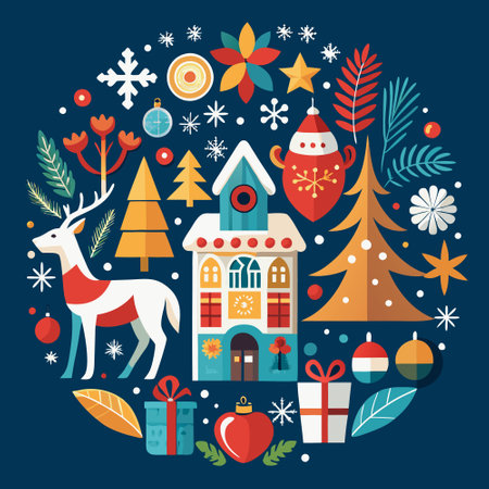 Festive Scandinavian Christmas Greeting Card with Traditional Elementsのイラスト素材