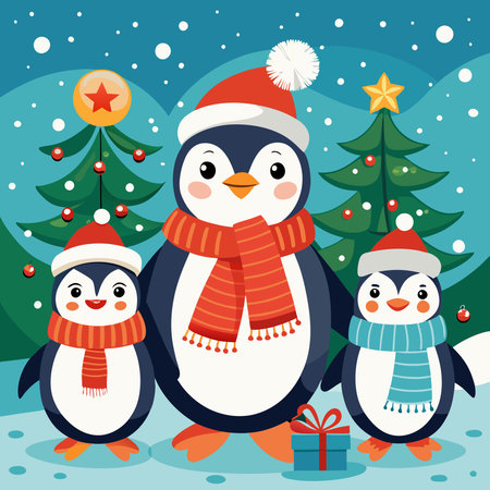 Festive Christmas Greeting Card Adorned with Adorable Penguinsのイラスト素材