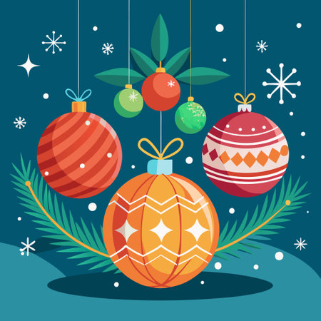 Festive Christmas Greeting Card Adorned with Vibrant Christmas Balls and Starsのイラスト素材