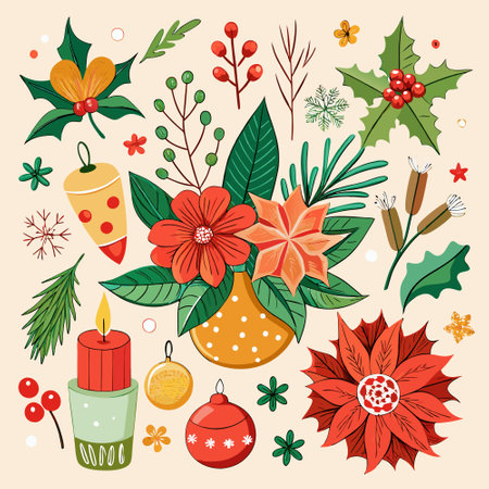 Hand-Drawn Christmas Floral Embellishments and Ornaments Collectionのイラスト素材