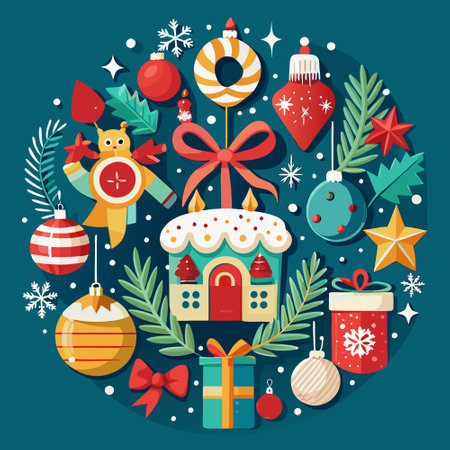 Festive Christmas Greeting Card Invitation Poster with Green Foliage Elementsのイラスト素材