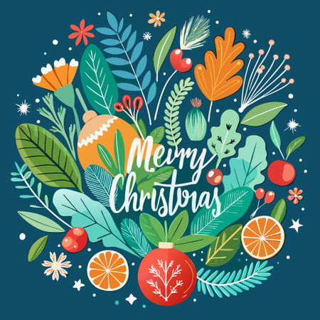Christmas Greeting Card with Festive Winter Plants and Ornamentsのイラスト素材