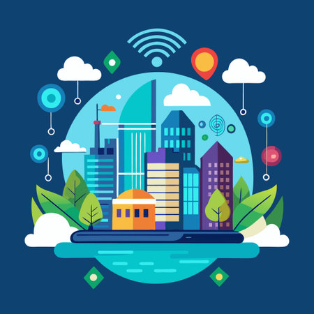 City Skyline with Cloud Computing and Smart Technology Integrationのイラスト素材