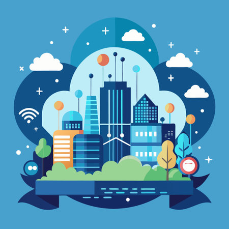 Futuristic City at Night with Cloud Computing Banner Backgroundのイラスト素材