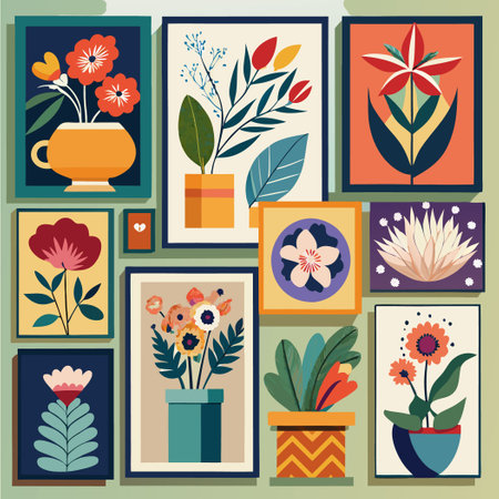Exquisite Collection of Floral Art Gracing a Wallのイラスト素材