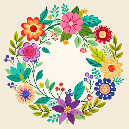 Floral wreath with flowers and leaves. Vector Illustration.のイラスト素材