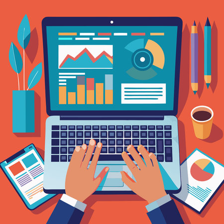 Close-Up of Hands Using Computer Laptop, Displaying On-Screen Contentのイラスト素材