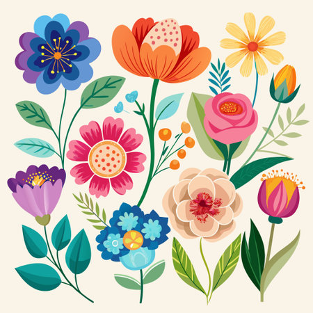 Vibrant Watercolor Illustrations Depicting a Kaleidoscope of Colorful Flowersのイラスト素材