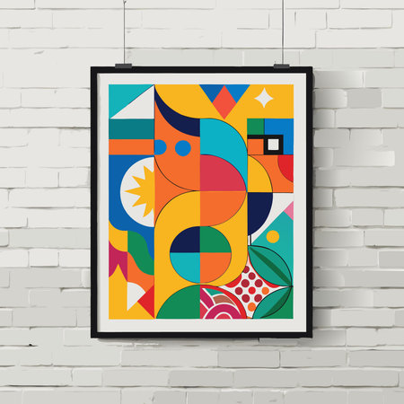Vibrant Poster Artwork Displayed on a White Brick Wall