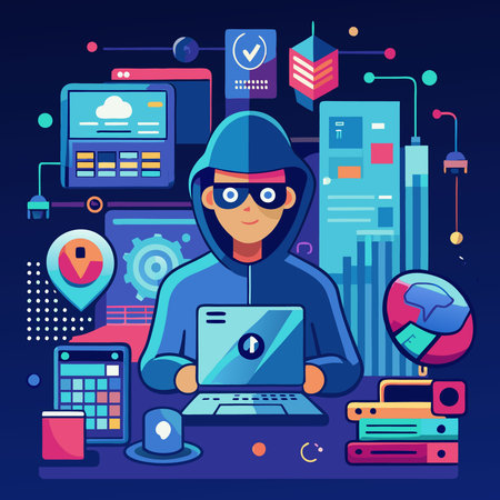 Blue Background with Hacker Remixe Gradients, Data Binary Flow, Code Effects, and Electronic Style Technologyのイラスト素材