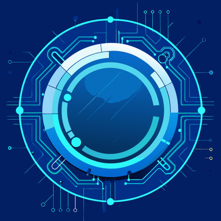 Futuristic Digital Circuit Blue Background with Binary Code and Neon Lightsのイラスト素材