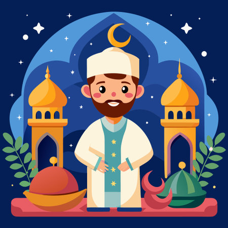 Festive and Joyful Eid Mubarak Illustration with Celebratory Elementsのイラスト素材