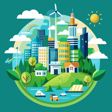 Eco-Friendly Skyline of a Sustainable City with Green Architectureのイラスト素材