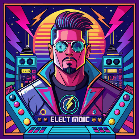 Neon-Lit Electro Album Cover with Abstract Glitch Effectsのイラスト素材