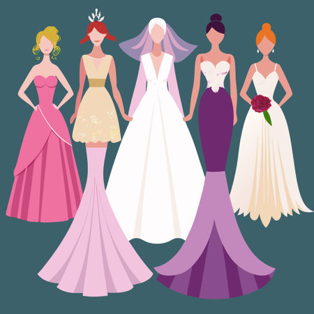 Collection of Exquisite Illustrations Depicting an Array of Bridal Gownsのイラスト素材