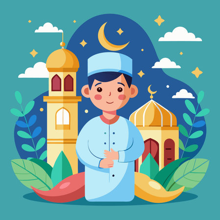 Celebratory Eid Mubarak Illustration with Traditional Moon and Star Imageryのイラスト素材