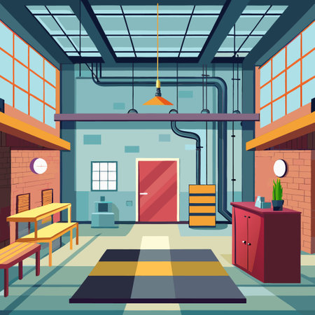 Vast Empty Industrial Building Interior with Soaring Ceilingsのイラスト素材