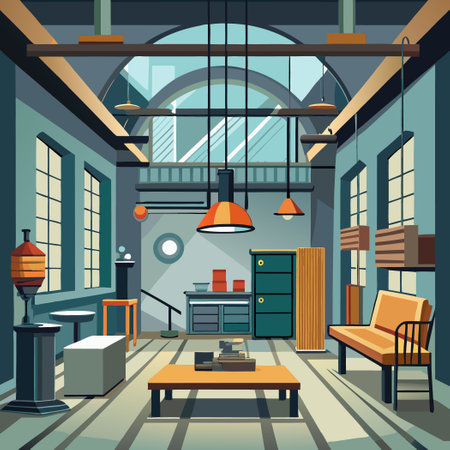 Spacious and Empty Industrial Room with Concrete Walls and Overhead Lightingのイラスト素材