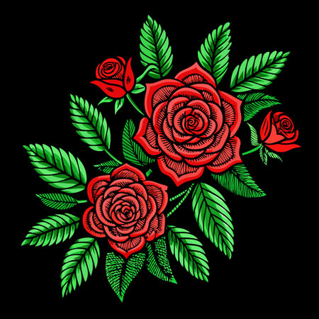 Exquisite Embroidery of Red Roses and Leaves Adorning a Black Backgroundのイラスト素材
