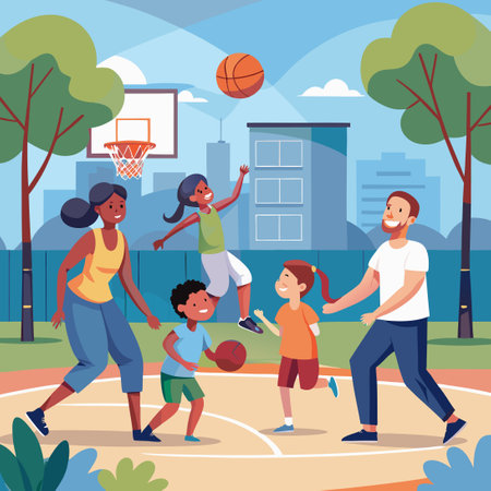 Family Bonding through Outdoor Basketball Fun on a Summer Dayのイラスト素材