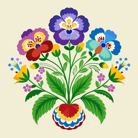 Traditional Folk Art Embroidery Bouquet with Pansies and Delicate Floral Patternsのイラスト素材