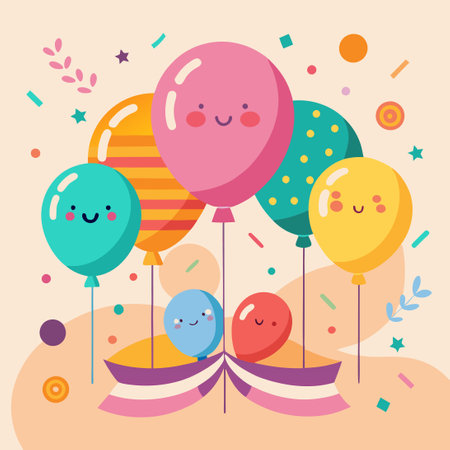 Vibrant and Playful Birthday Celebration with Flat Style Balloons and Confetti Burstsのイラスト素材