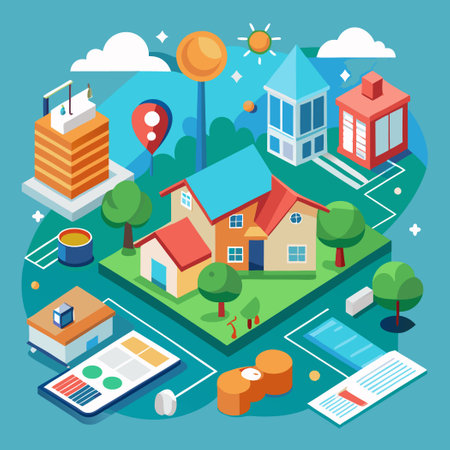 Aerial Perspective of a Contemporary Real Estate Model Layered Flatのイラスト素材