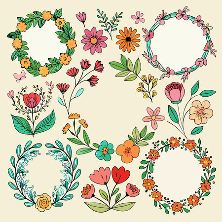 Delicate Floral Frames Adorned with Hand-Drawn Botanical Elementsのイラスト素材