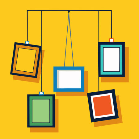 Yellow-Hued Harmony: Five Hanging Photo Frames Suspended in Sunlightのイラスト素材