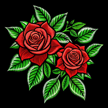 Vibrant Embroidery of Red Roses and Lush Leaves on a Black Backgroundのイラスト素材