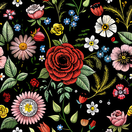 Intricate Embroidery Seamless Pattern Showcasing Vibrant Wildflowersのイラスト素材