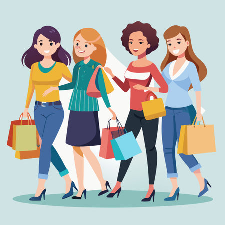 Three Lively Female Friends Enjoying a Shopping Outing Togetherのイラスト素材