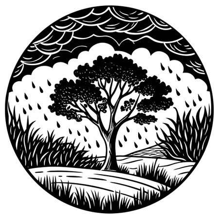 Tranquil Grassland Landscape with Tree and Raincloudのイラスト素材