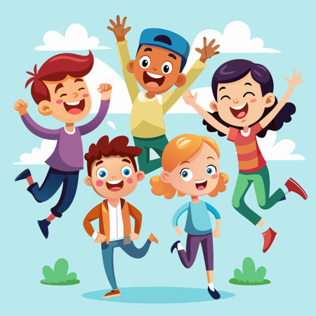 Jubilant Cartoon Characters Leaping with Exuberanceのイラスト素材