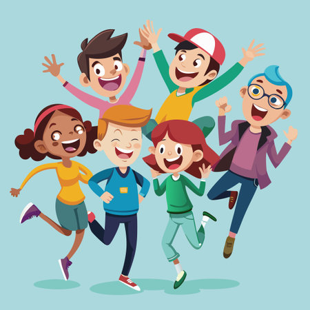 Jubilant Cartoon Ensemble Leaping into the Air with Gleeのイラスト素材