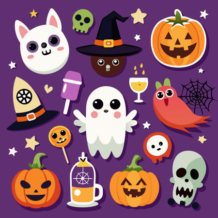 Spooky Halloween Stickers Featuring Diverse Seasonal Motifsのイラスト素材