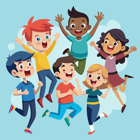 Exuberant Celebration: Cartoon Characters Leap with Joyful Abandonのイラスト素材