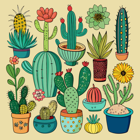 Hand-Drawn Cacti and Succulents, a Diverse Collection of Desert Plantsのイラスト素材