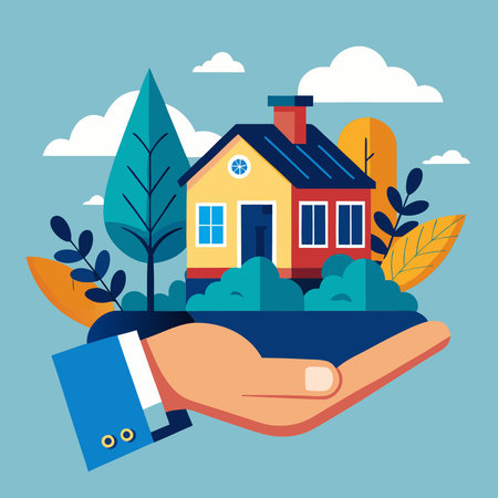 Home Loan Campaign: Hand Presenting a Model Home for Potential Homeownersのイラスト素材